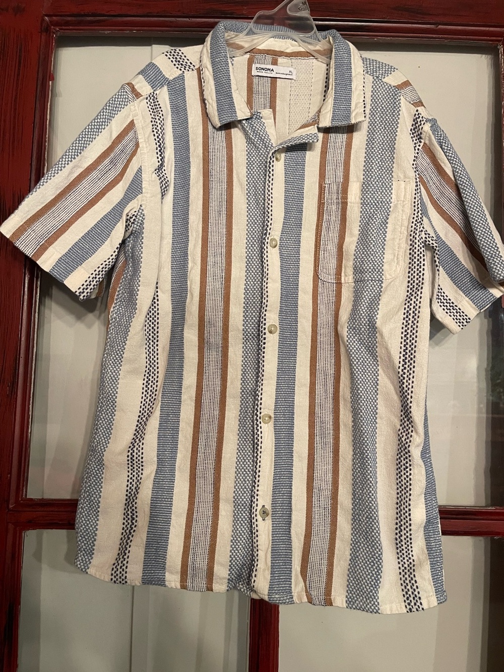 Sonoma Cream, Blue & Brown Striped Short-Sleeve Button-Up Shirt